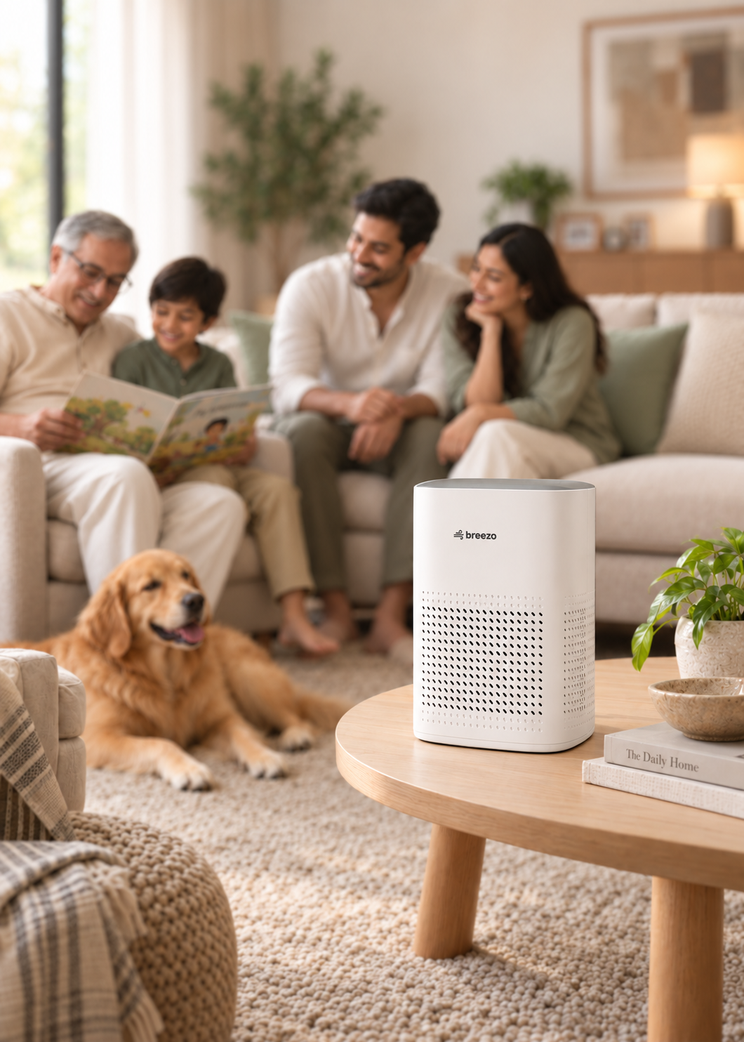 A family at home with their Breezo air purifier running on the coffee table