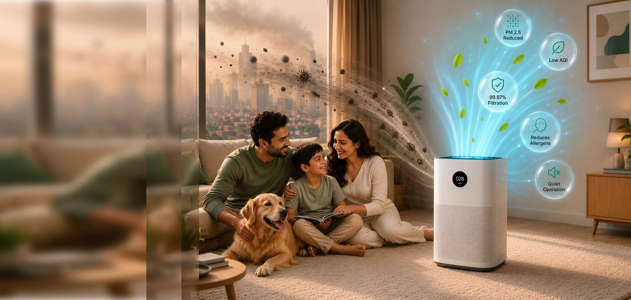 A family and their dog relaxing at home while a Breezo air purifier clears polluted city air, with callouts for PM2.5 reduced, low AQI, 99.97% filtration, reduced allergens and quiet operation
